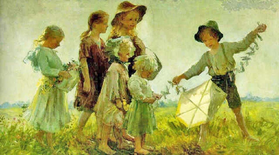 Children playing with a kite