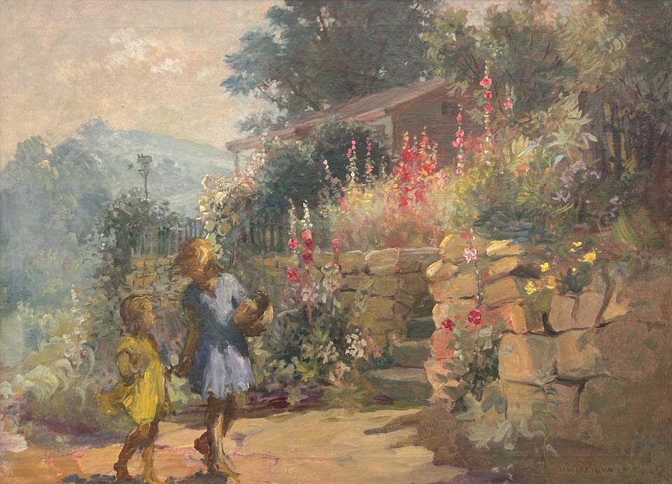 Girls and hollyhocks