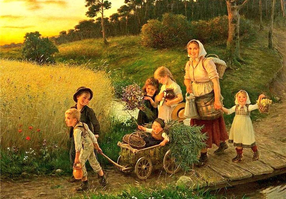Farmer's children with their young mother on their way home