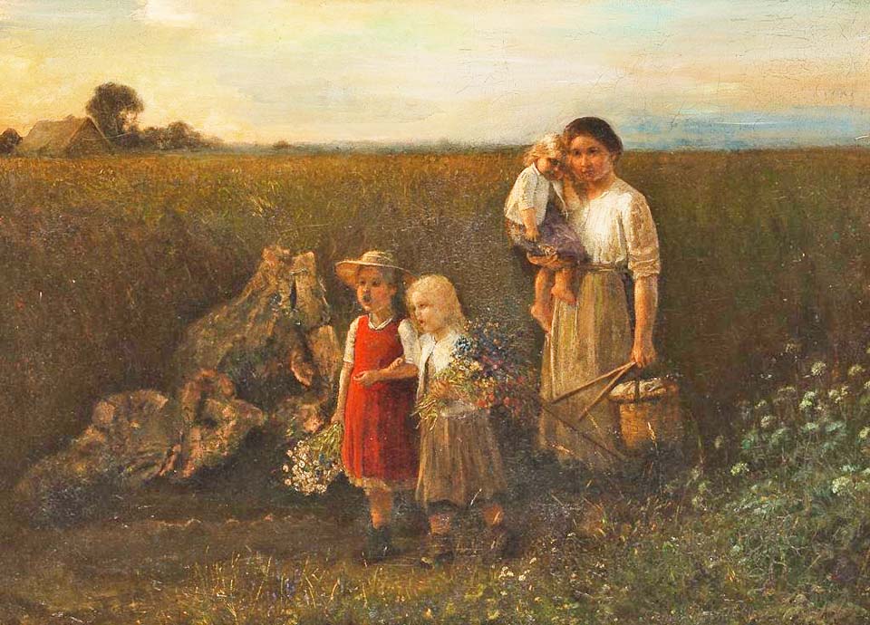 Returning young farm woman with children