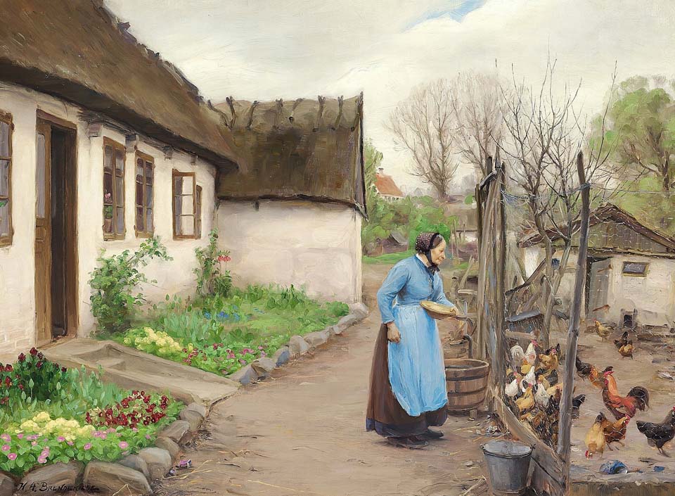 A woman feeding hens