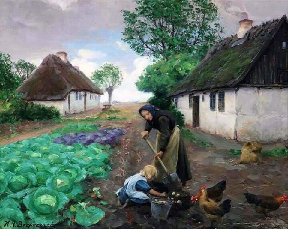 Grandmother and granddaughter are digging potatoes near a thatched cottage