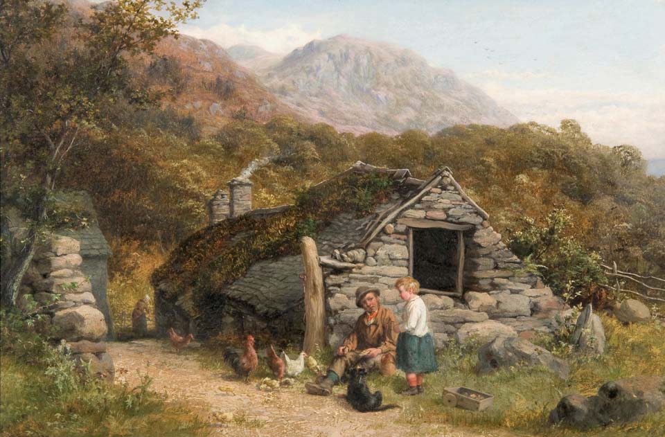 Figures and chickens before a stone cottage
