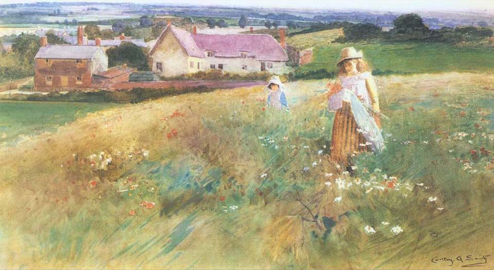 Girls picking flowers