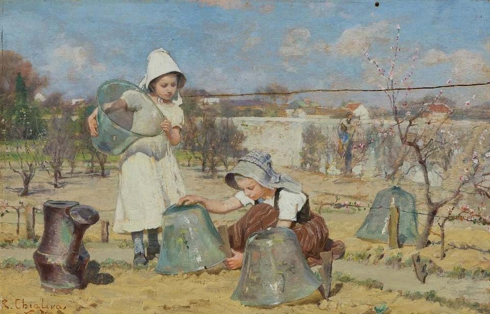 Two young girls gardening