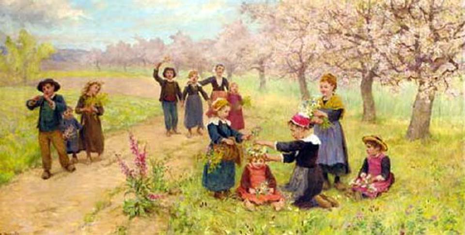 Enfants cueillant des fleurs de printemps
