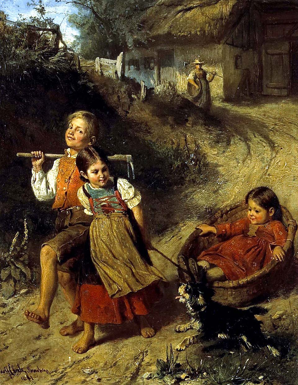Playing farmer's children on their way into the fields
