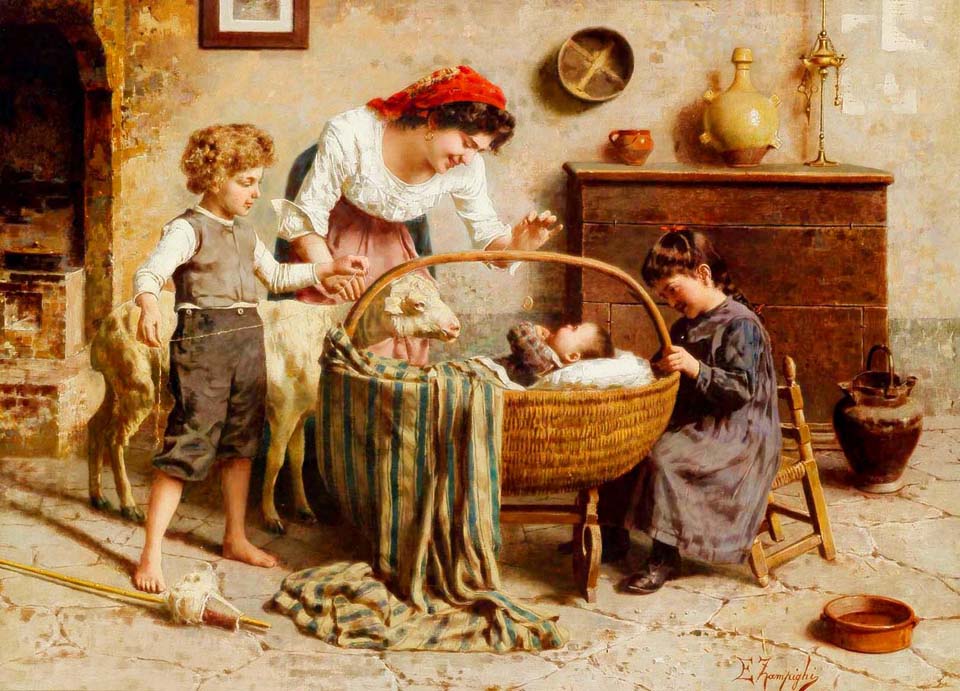 Idyllic family scene with newborn child