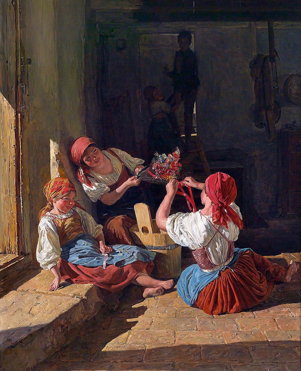 Children decorate the hat of a conscript