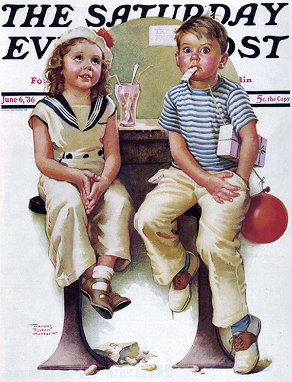 Girl and boy at soda fountain - no money for her soda