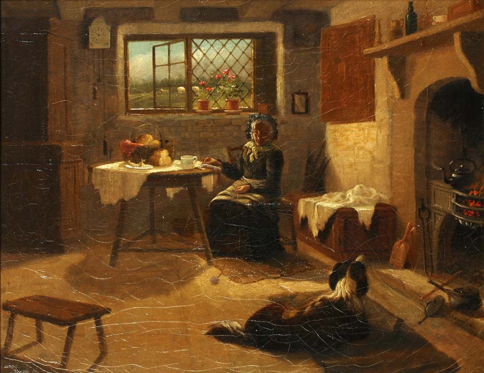A cottage interior with lady at a tea table and dog by the hearth