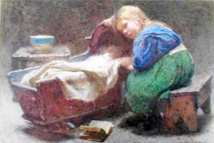 Young girl seated by a cradle