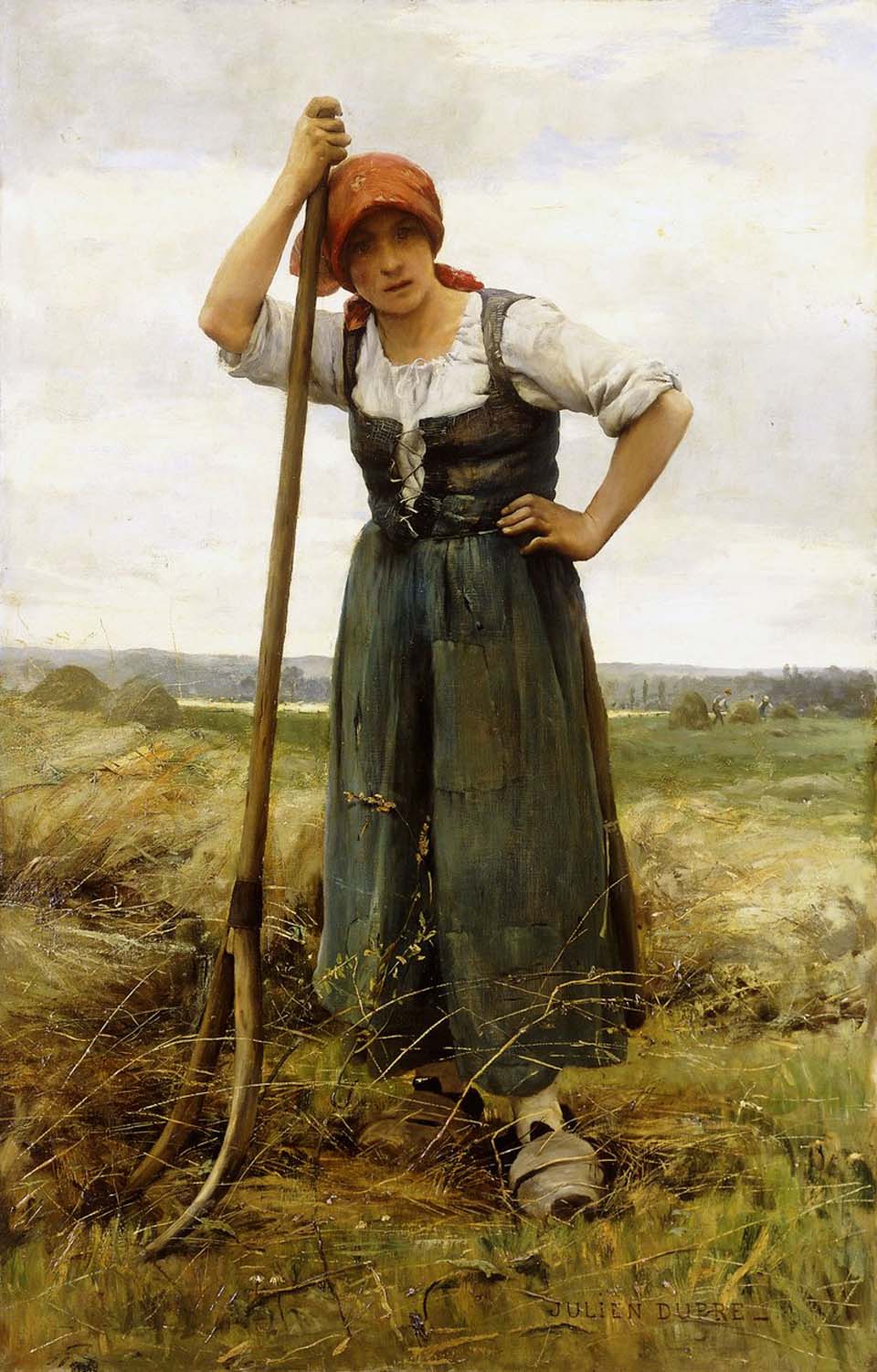 Peasant woman leaning on a pitchfork
