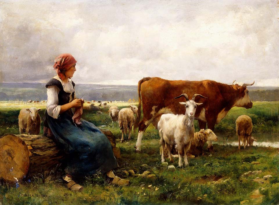 Shepherdess with cows and goats