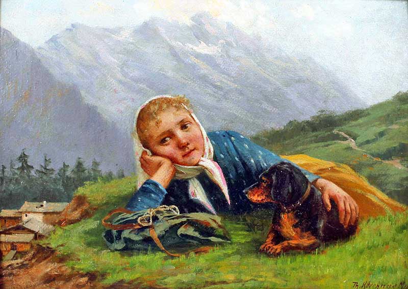 Girl with a dachshund on the Alm