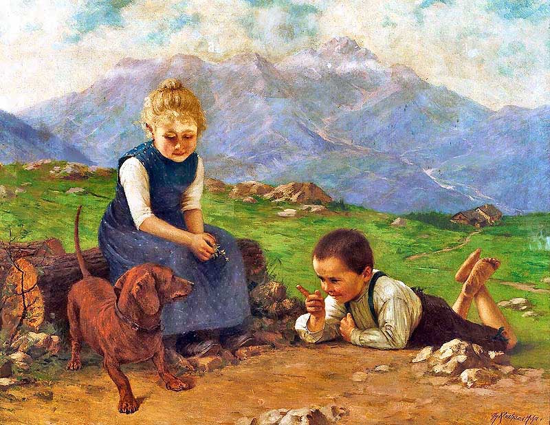 Two children on a mountain educating a dachshund