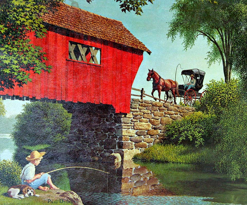 Le vieux pont - Le pont couvert rouge - Une calèche Amish
