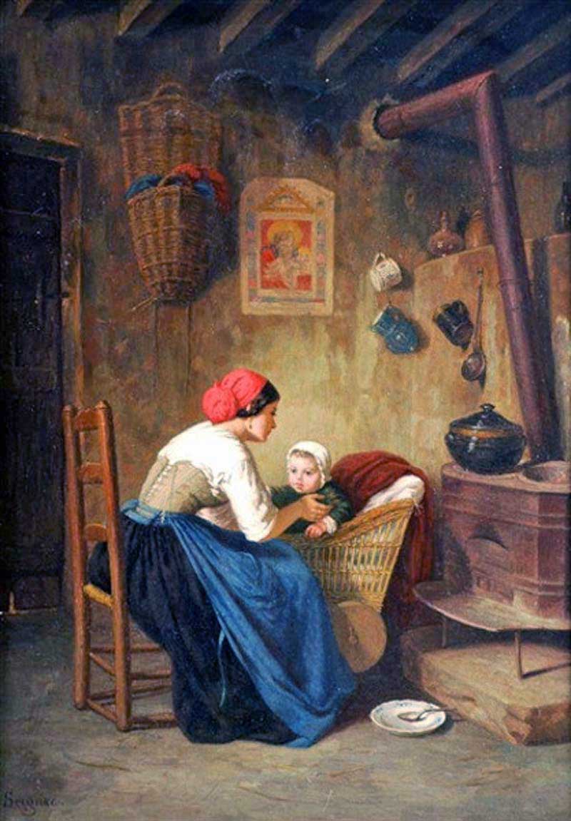 Mother and child in a cottage interior