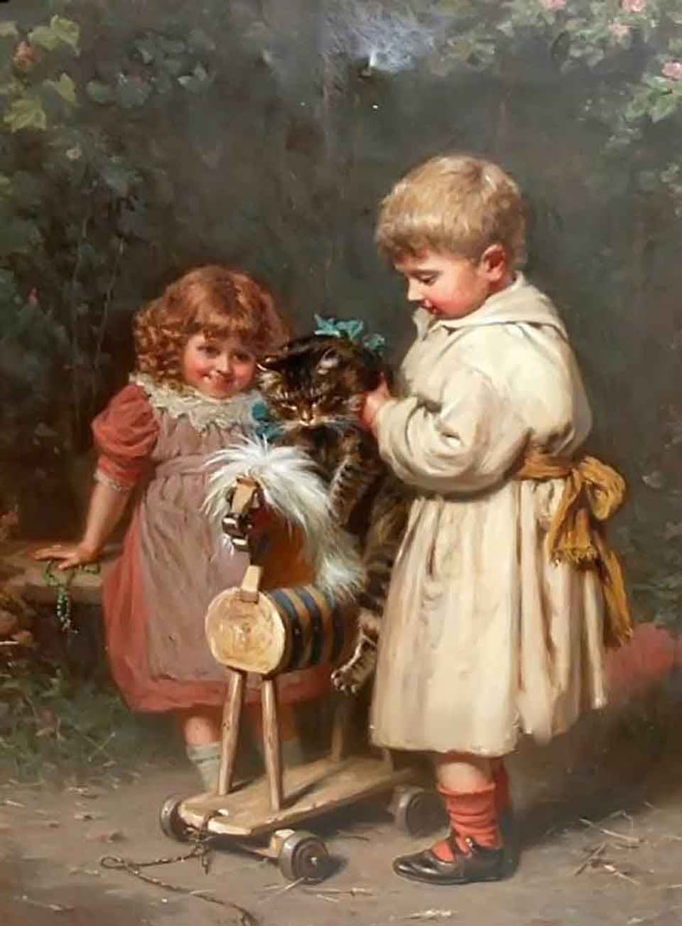Two children putting cat on wooden rocking horse