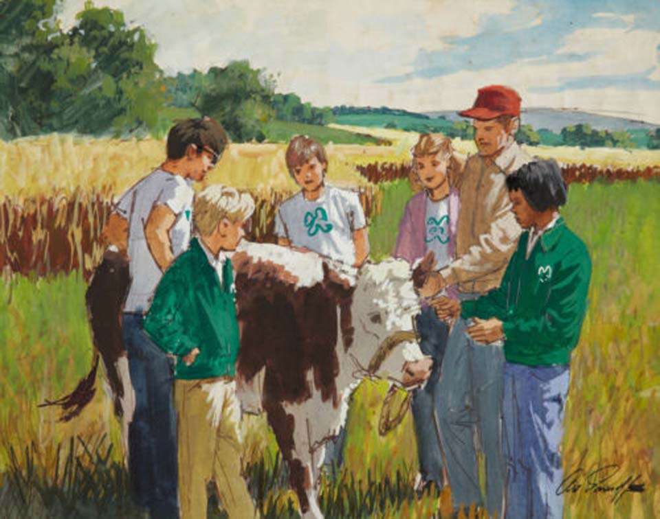 Farmer showing kids cow