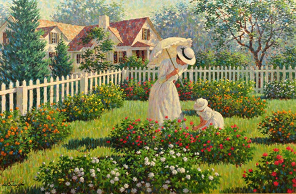 Mother and daughter in garden