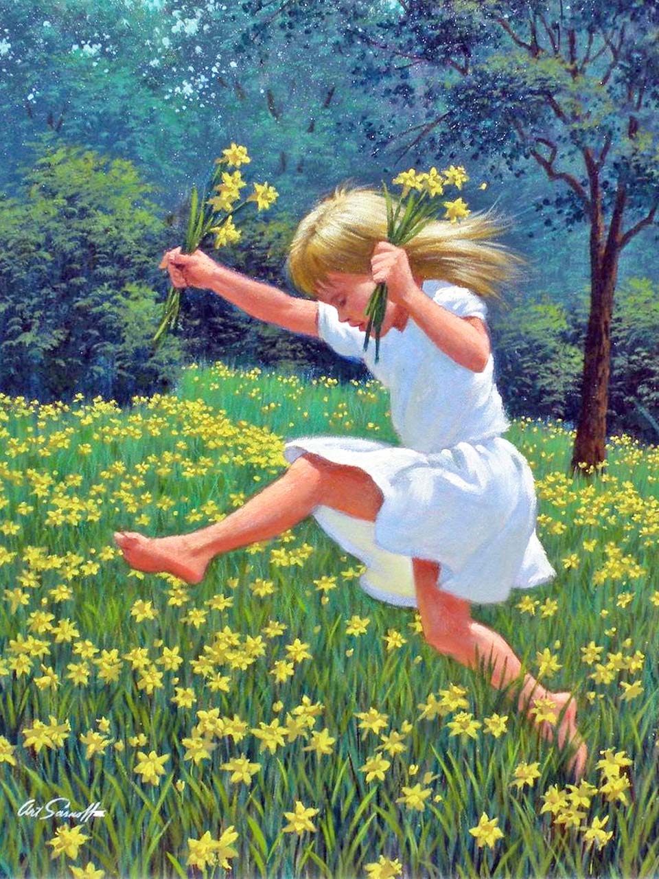 The girl runs on the meadow
