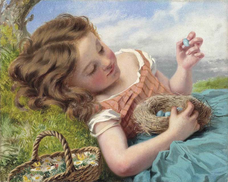 Little girl with thrush nest