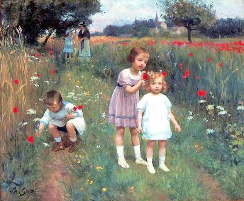 Enfants dans un champ de coquelicots par Victor Gilbert