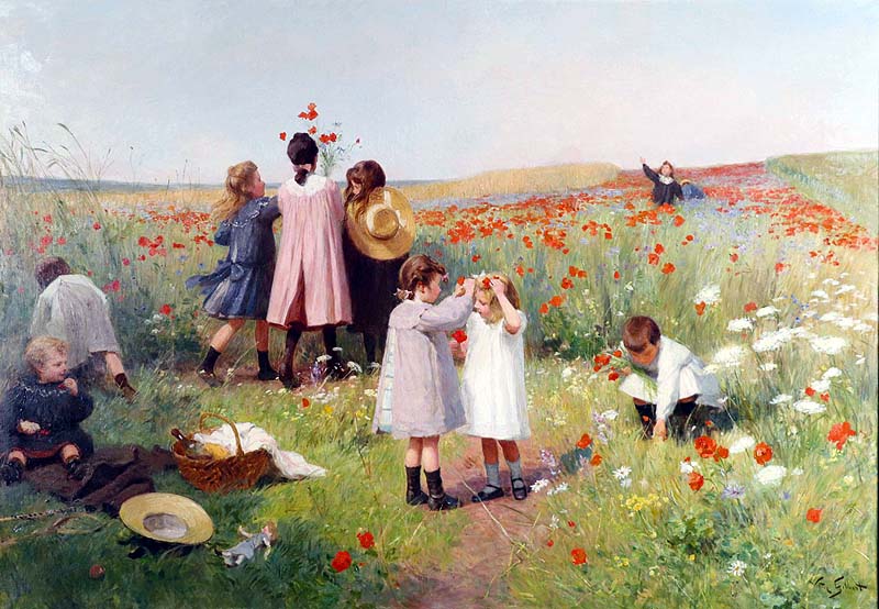 Enfants avec coquelicots par Victor Gilbert