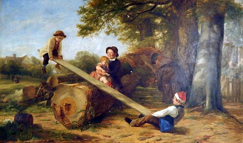Children playing see-saw in woodland landscape