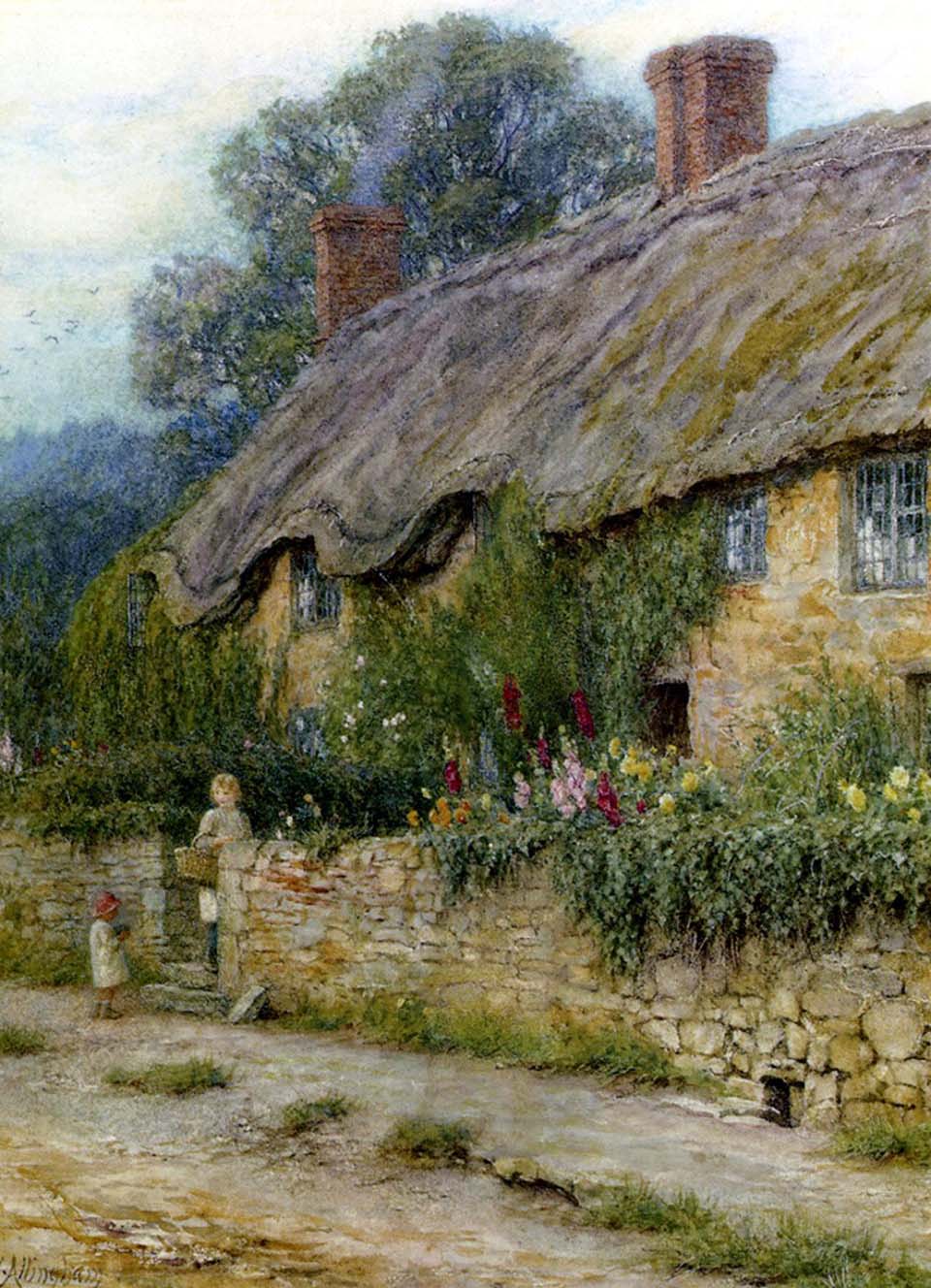 A mother and child entering a cottage