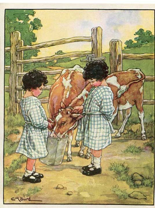 Girls feeding calves from The Animal Story Book