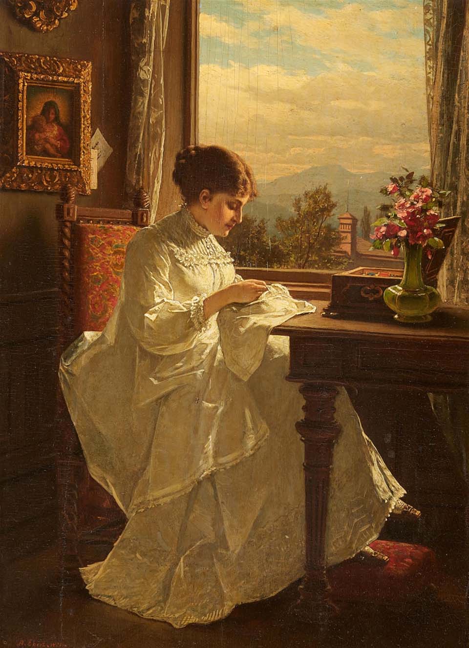 Interior with girl sewing