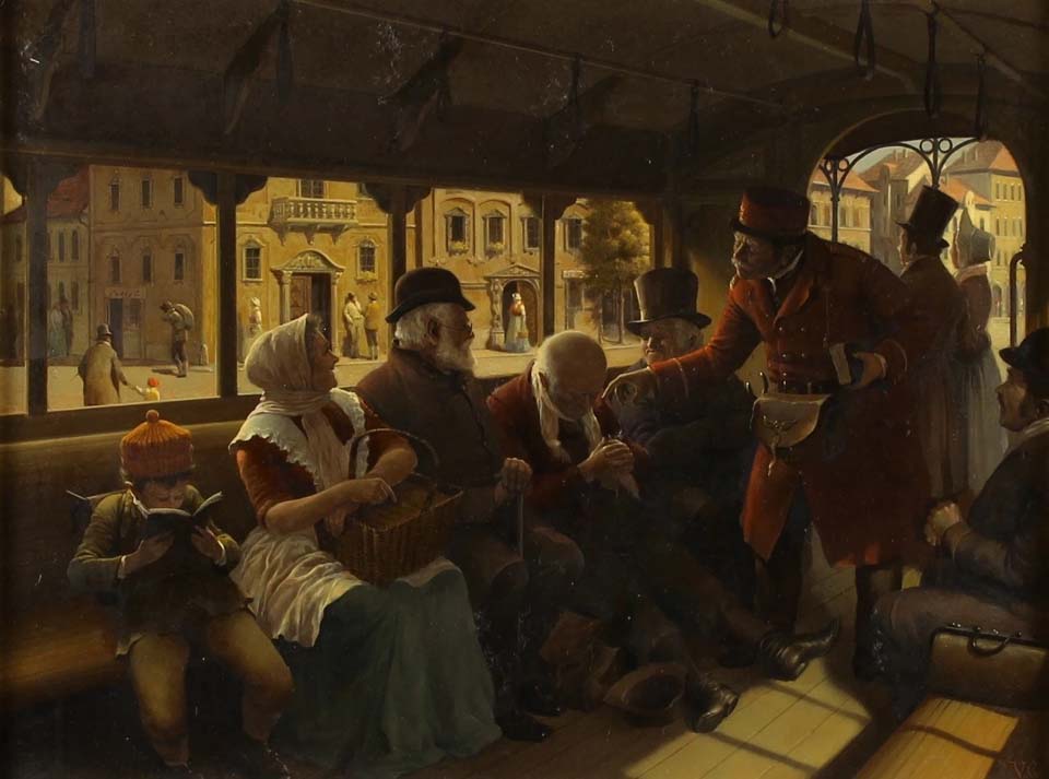 A tram interior with passengers