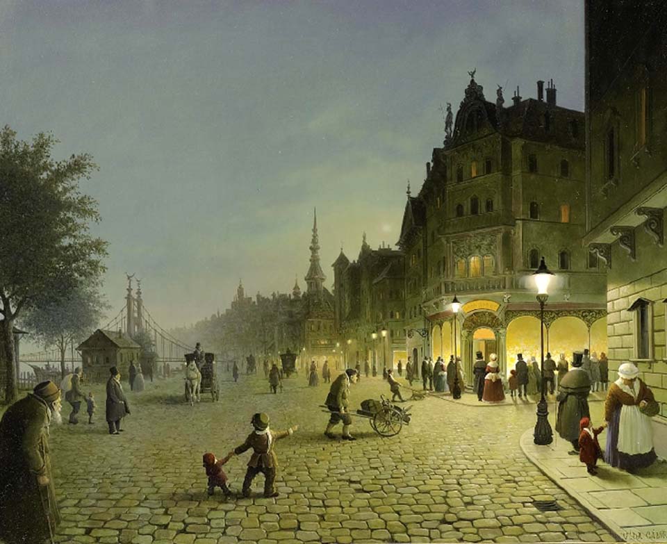 Busy evening street scene on the Danube bank in Budapest