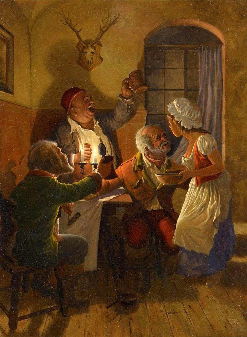 Three old drunkards in a tavern