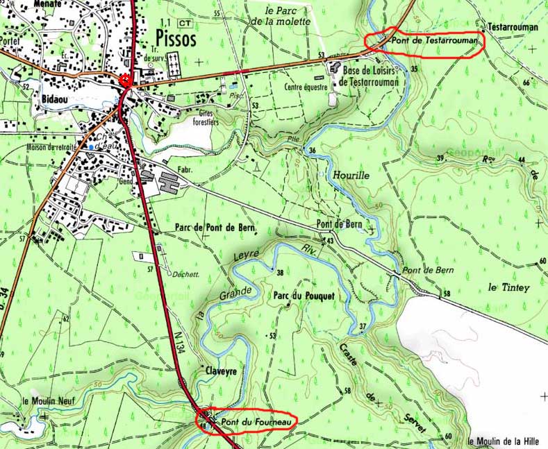 carte Descente de la Grande Leyre du pont du Fourneau au pont de Testarrouman - 5,5 km