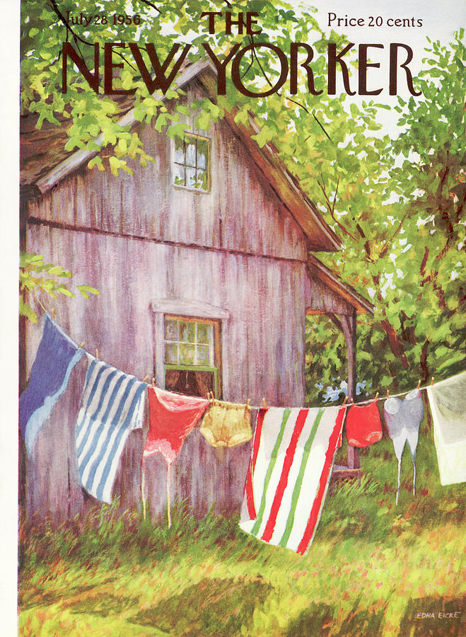 Swimsuits and towels hang on a clothesline to dry outside an old house in the woods.