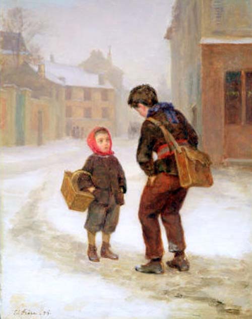 Sur le chemin de l'école dans la neige