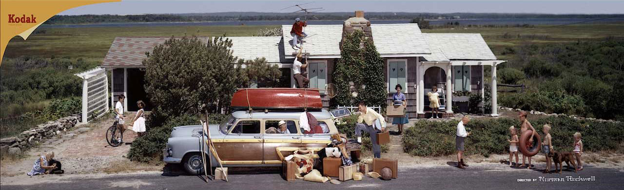 Closing up a summer cottage (Fermeture d'une maison de campagne  la fin de l't), Quogue, Long Island, New York  1957 - Colorama n126  (image prsente  Grand Central, NYC en septembre 1957)  KODAK/photo, Ralph AMDURSKY et Charles O. BAKER, sous la direction de Norman ROCKWELL  DR