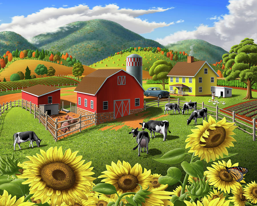 Sunflowers Cows Farm Animals 1950 Farm Life Barn