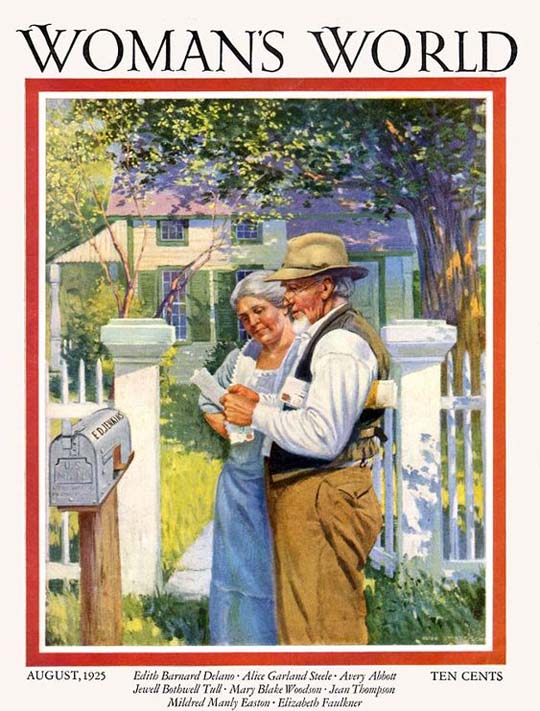 1925-08 Vieux couple lisant le courrier à la boîte aux lettres