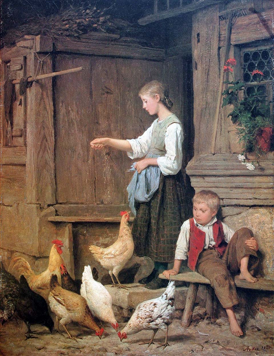 Jeune fille nourrissant les poules - 1865