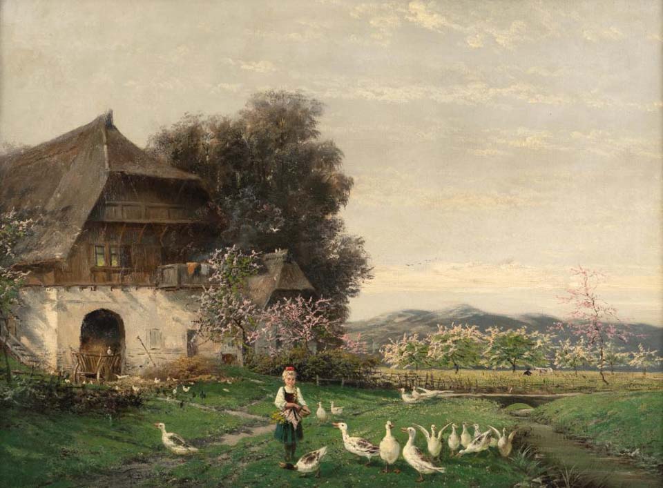 A goosegirl in front of a Black Forest house