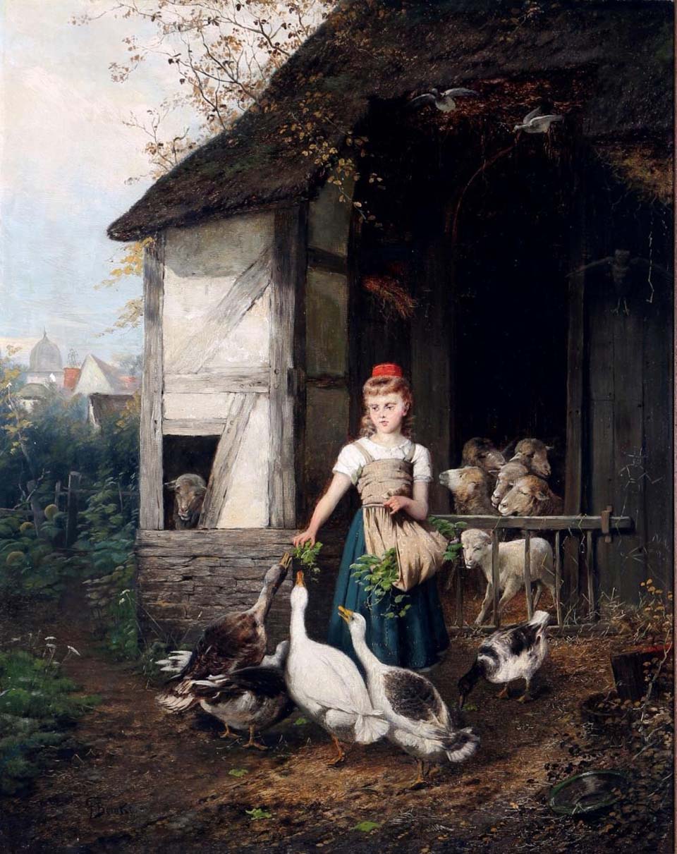 Girl at the stable with geese and sheep - 1