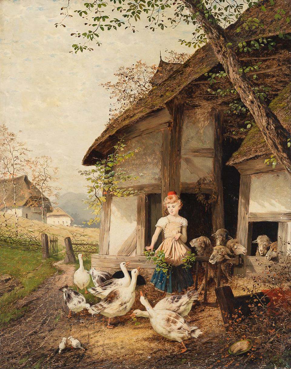 Girl at the stable with geese and sheep - 2