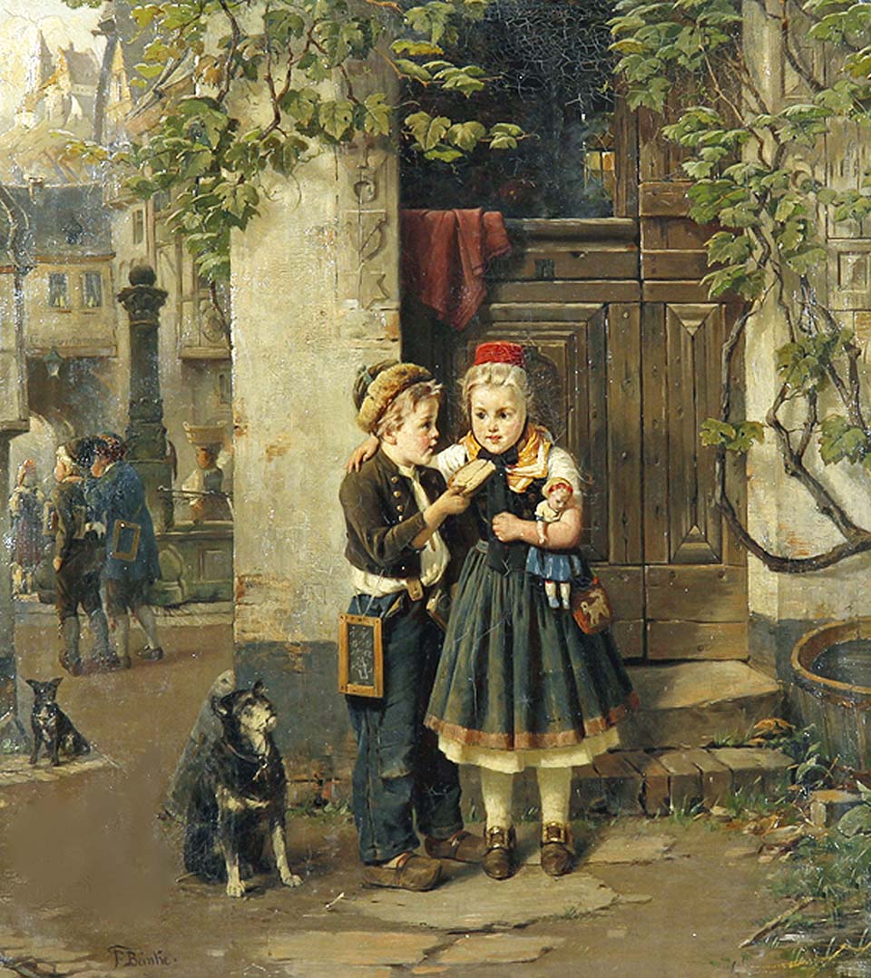 The shared vespers - A couple of children in traditional Schwalm costume in a schoolyard,<br>with a view of part of Marburg Castle in the background