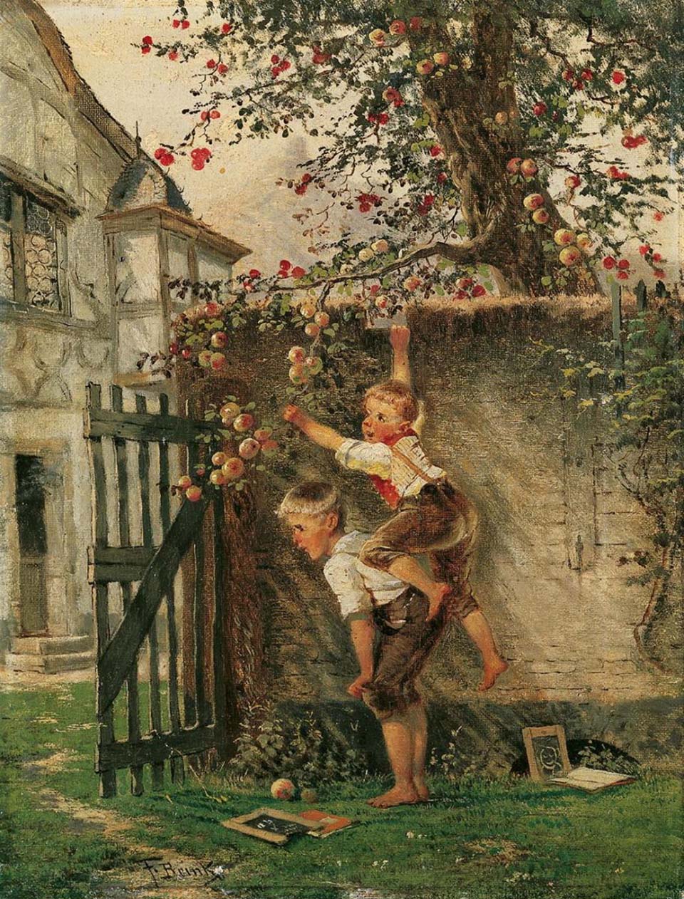 Two school boys stealing apples