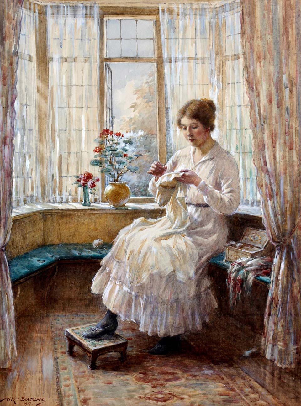 Lady sewing seated by a window