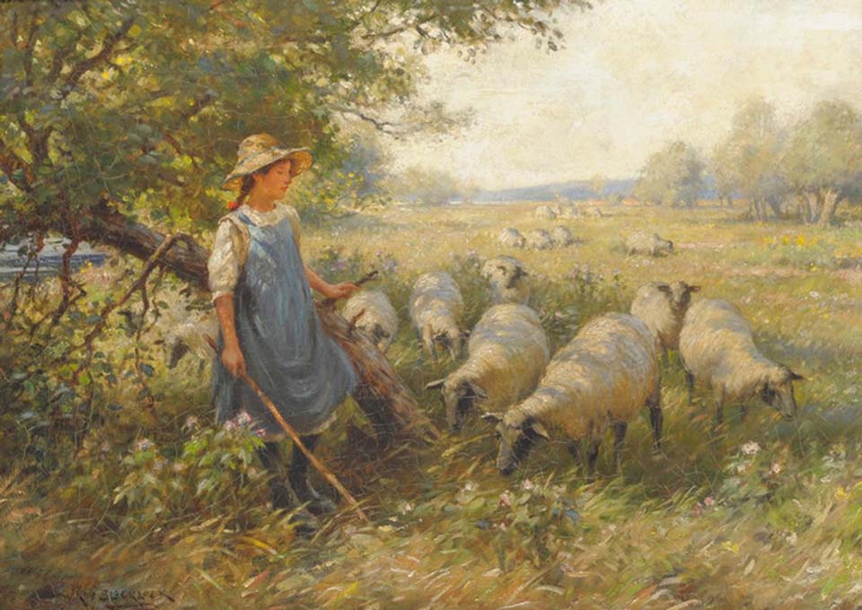 Landscape with a shepherdess and sheep in the shade of a tree